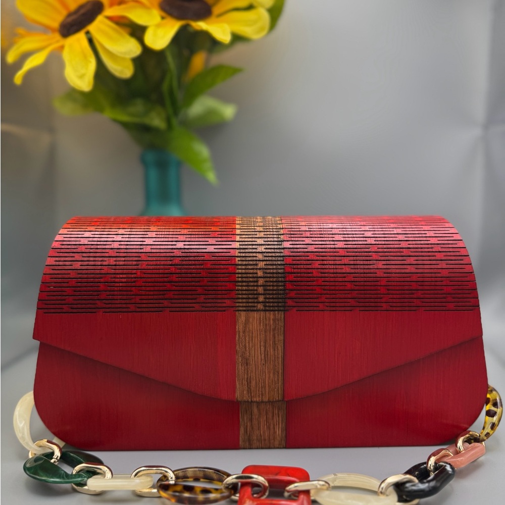 Elegant Red Envelope Clutch with Wood-Accent Detail